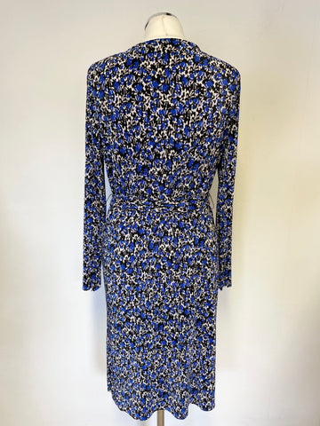 BRAND NEW MAUVETTE BLUE,BLACK & WHITE FLORAL PRINT PLEATED TIE BELT LONG SLEEVE DRESS SIZE 16