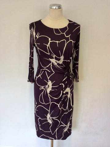 PHASE EIGHT MULBERRY & WHITE PRINT STRETCH JERSEY DRESS SIZE 10