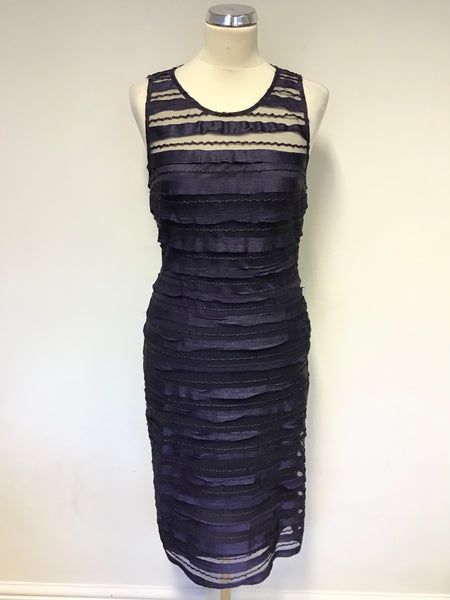 PHASE EIGHT MIDNIGHT BLUE MESH OVERLAY SEQUINNED & APPLIQUE TRIM PENCIL DRESS SIZE 10