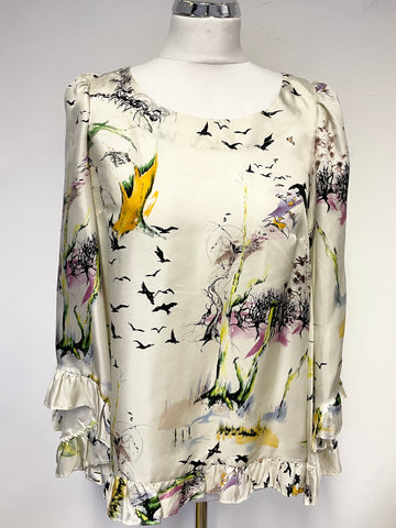 RUTZOU FAIRYTALE CREAM & MULTI COLOURED PRINT LOOSE FIT 100% SILK TOP SIZE 36 UK 8/10