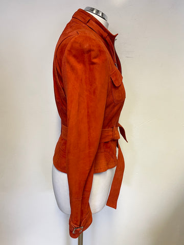 KAREN MILLEN BURNT ORANGE SUEDE ZIP UP BELTED JACKET SIZE 10