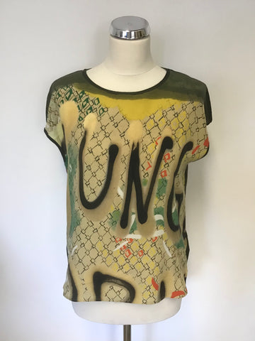 LUISA CERANO DARK GREEN SILK FRONT PRINT CAP SLEEVE TOP SIZE 14