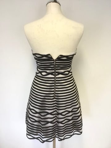 KAREN MILLEN BLACK & SILVER MESH OVERLAY STRAPLESS / STRAPPY FIT & FLARE SPECIAL OCCASION DRESS SIZE 10