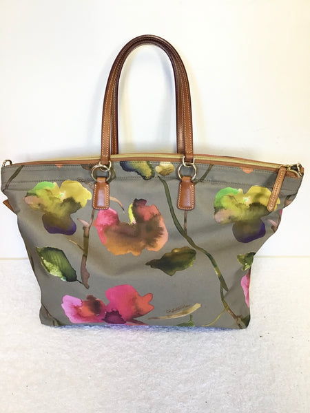 ITALIAN ROBERTA PIOU TAN LEATHER & FLORAL PATTERN FABRIC SHOULDER SHOPPER BAG