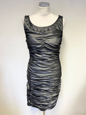 CACHET PEWTER BEAD TRIMMED RUCHED SLEEVELESS COCKTAIL PENCIL DRESS SIZE 8 UK 12