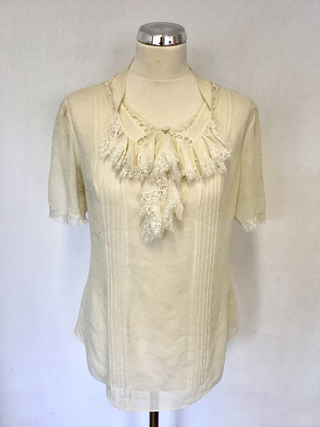 TEMPERLEY IVORY SILK FRILL & LACE TRIM SHORT SLEEVE BLOUSE SIZE 10