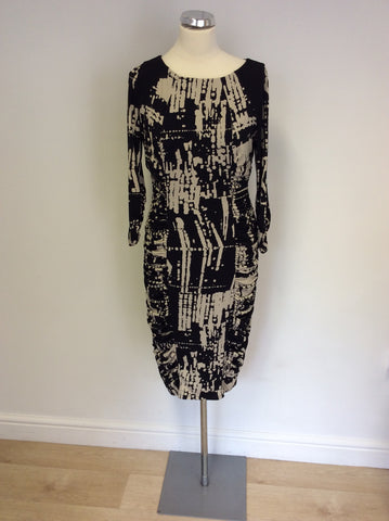 MARKS & SPENCER BLACK & BEIGE PRINT RUCHED PENCIL DRESS SIZE 14