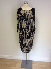 MARKS & SPENCER BLACK & BEIGE PRINT RUCHED PENCIL DRESS SIZE 14