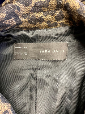 ZARA BROWN & BLACK LEOPARD PRINT DOUBLE BREASTED WOOL BLEND JACKET SIZE S