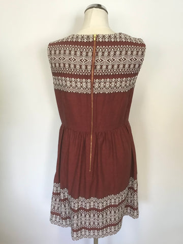 HOBBS NW3 TERRACOTTA & WHITE EMBROIDERED SLEEVELESS FIT & FLARE DRESS SIZE 12