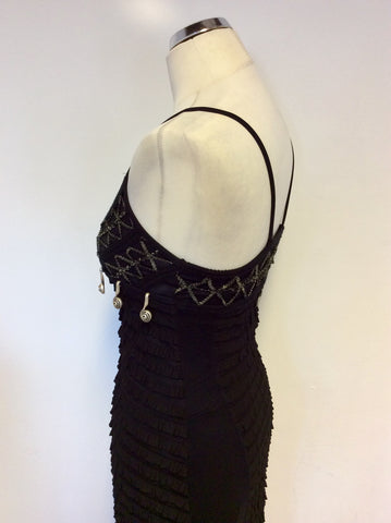 SAVE THE QUEEN BLACK TIERED WITH SILVER METAL TRIM LONG STRETCH DRESS SIZE S