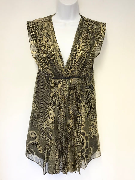 TED BAKER BLACK & GOLD SILK BLEND PLEATED FLARE DRESS SIZE 3 UK 12/14