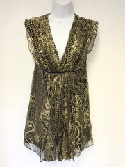 TED BAKER BLACK & GOLD SILK BLEND PLEATED FLARE DRESS SIZE 3 UK 12/14