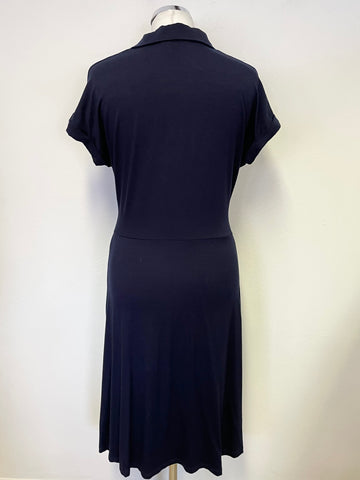 PHASE EIGHT NAVY BLUE COLLARED TIE FRONT JERSEY A-LINE DRESS  SIZE 10