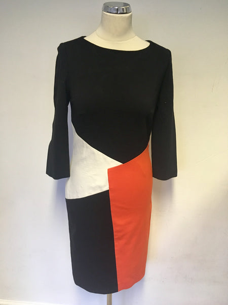 FENN WRIGHT MANSON BLACK,WHITE & ORANGE COLOUR BLOCK DRESS SIZE 10