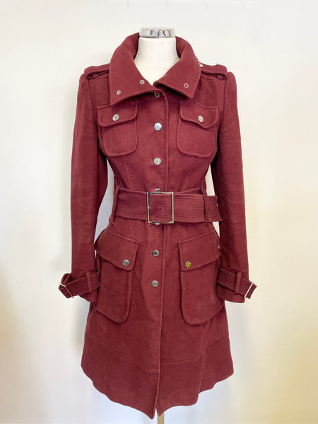 KAREN MILLEN BURGUNDY BRUSHED COTTON BELTED KNEE LENGTH COAT SIZE 10