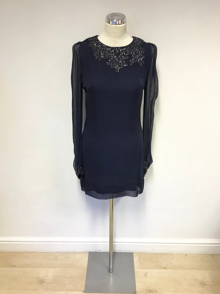 FRENCH CONNECTION BLUE SILK BEADED TRIM SPECIAL OCCASION DRESS SIZE 10