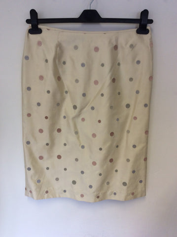 SPENSER JEREMY IVORY SILK SPOT JACKET & SKIRT SUIT SIZE 10