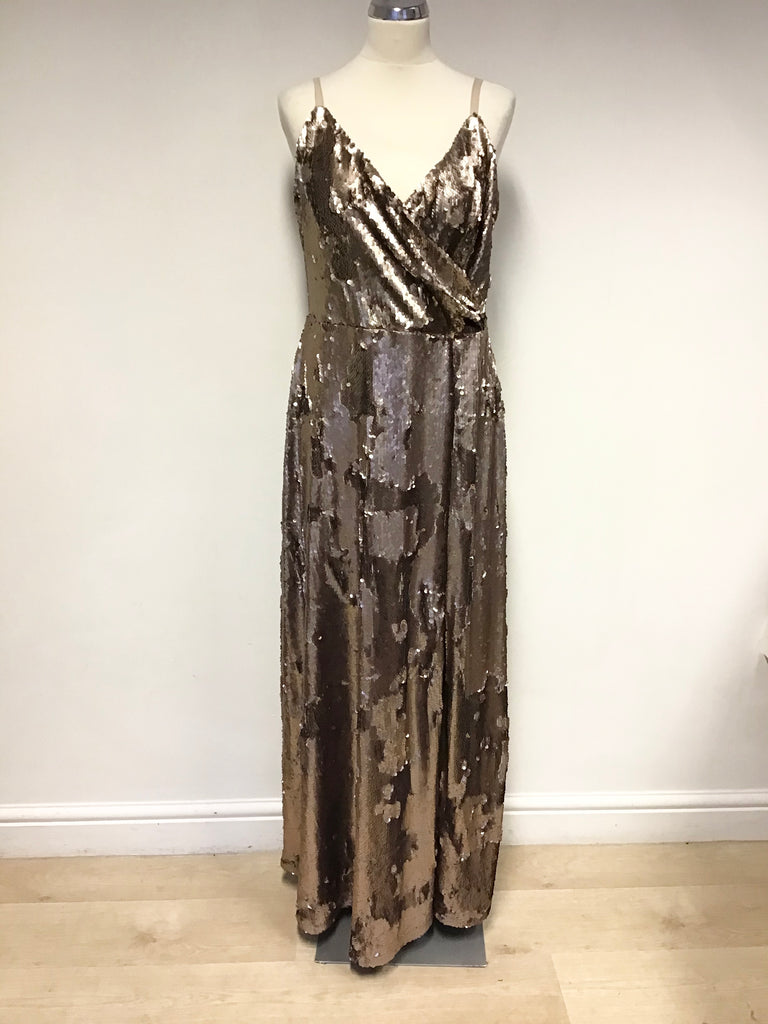 BRAND NEW MYLEENE KLASS BRONZE SEQUINEED LONG EVENING DRESS SIZE 16 Whispers Dress Agency BRAND NEW MYLEENE KLASS BRONZE SEQUINEED LONG EVENING DRESS SIZE 16 Whispers Dress Agency