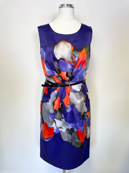 PRECIS PURPLE,ORANGE & GREY PATTERNED SLEEVELESS BELTED PENCIL DRESS SIZE 8