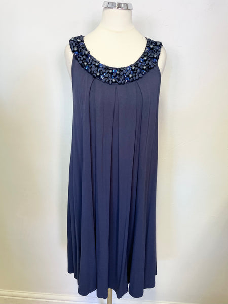 PHASE EIGHT NAVY BLUE EMBELLISHED NECKLINE SLEEVELESS SHIFT DRESS SIZE 12