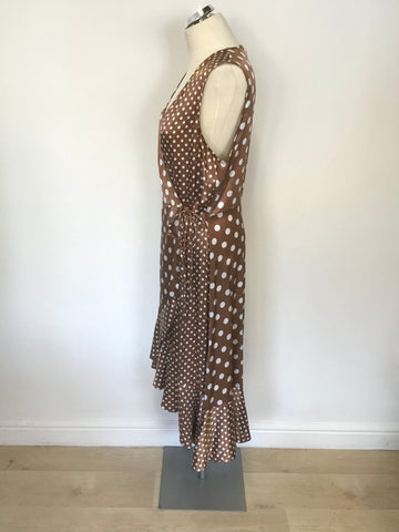 PHASE EIGHT BROWN & WHITE SPOT SATIN FRILL TRIM SLEEVELESS WRAP DRESS SIZE 16