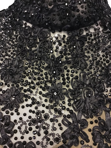 LORCAN MULLANY BY JACQUES VERT BLACK BEADED & SEQUINNED FRINGED EVENING DRESS SIZE 14