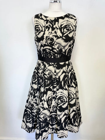 HOBBS INVITATION BLACK & CREAM FLORAL PRINT SLEEVELESS FIT & FLARE DRESS SIZE 10