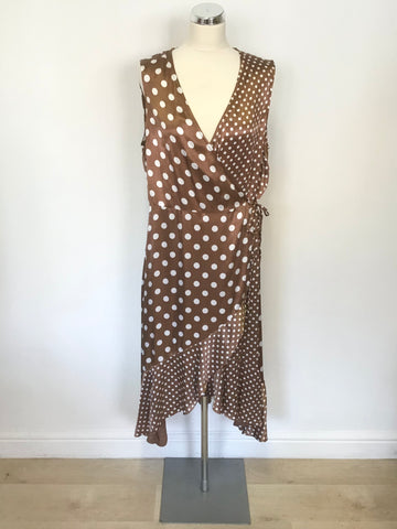 PHASE EIGHT BROWN & WHITE SPOT SATIN FRILL TRIM SLEEVELESS WRAP DRESS SIZE 16