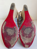 CHRISTIAN LOUBOUTIN BLUE & WHITE CANVAS STRIPE WITH RED TRIM WEDGE HEELS SIZE 5/38