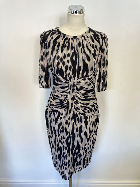 WHISTLES BLACK,GREY & NUDE PRINT SILK SHORT SLEEVE REAR ZIP PENCIL DRESS SIZE 12