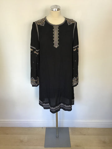 MONSOON BLACK EMBROIDERED & GOLD SEQUIN TRIM SHIFT DRESS SIZE 10