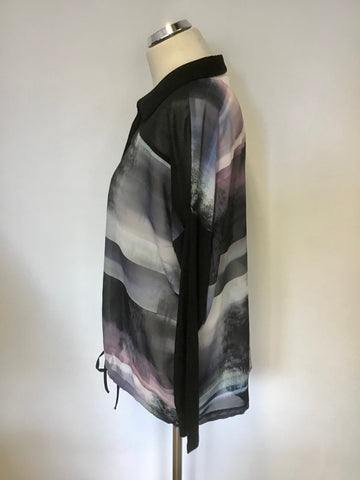 MINT VELVET BLACK & MULTI COLOUR PRINT DRAW STRING TIE WAIST BLOUSE SIZE 12