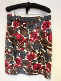 BODEN IVORY, RED, GREY & BROWN FLORAL PRINT COTTON & LINEN STRAIGHT SKIRT SIZE 14R