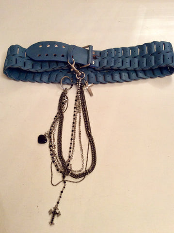 ALL SAINTS DUCK EGG PLAITED LEATHER BELT WITH HANGING CHAINS & PENDANTS