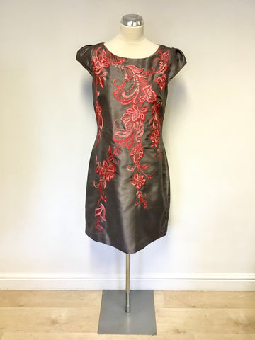 MONSOON GREY WITH PINK & RED FLORAL EMBROIDERY CAP SLEEVE SHIFT DRESS SIZE 12