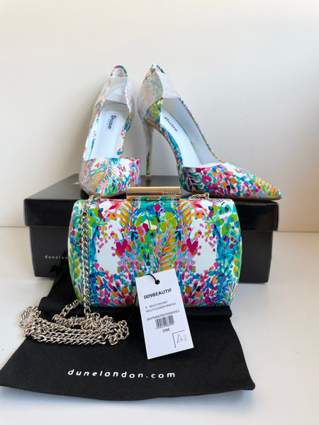 BRAND NEW DUNE MULTI COLOURED PATENT FLORAL PRINT HEELS & MATCHING BAG SIZE 5/38