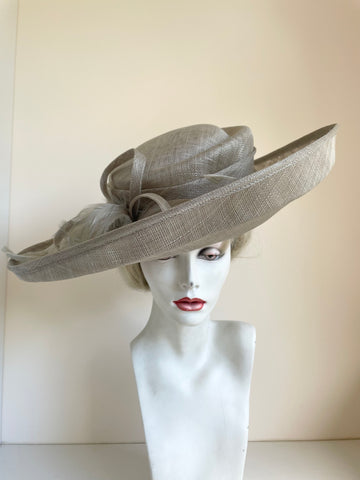 HAT STUDIO LIGHT GREY WITH BOW, COIL & FEATHER TRIM WIDE BRIM HAT