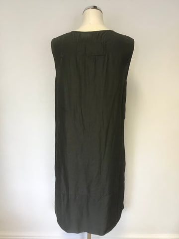 FREY CHARCOAL GREY SILK BLEND SLEEVELESS DRAPE POCKET FRONT SHIFT DRESS SIZE 16