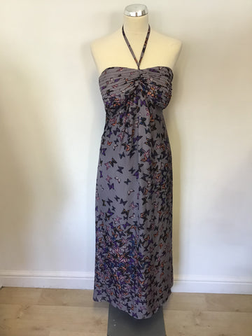 TED BAKER GREY BUTTERFLY PRINT SILK HALTER NECK / STRAPLESS MAXI  DRESS SIZE 1 UK 8