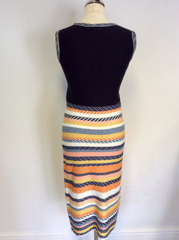 HOBBS NAVY BLUE & MULTI COLOURED STRIPE PENCIL DRESS SIZE 8