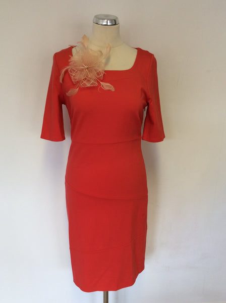 LK BENNETT FREDA CORAL RED SHORT SLEEVE DRESS SIZE 12 WITH ADDED CORSAGE