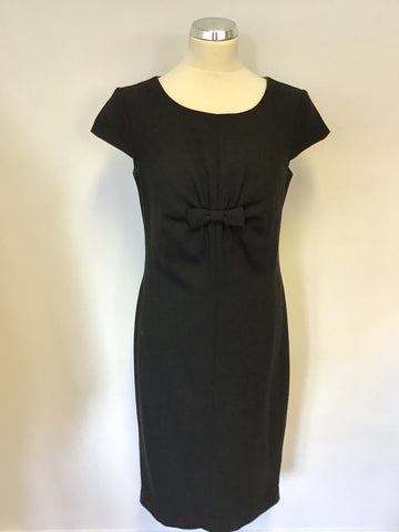 HOBBS BLACK WOOL BOW TRIM CAP SLEEVE PENCIL DRESS SIZE 12