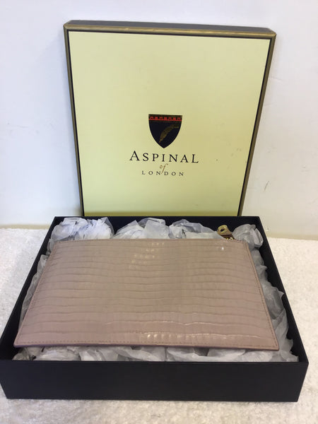 BRAND NEW IN BOX ASPINAL LEATHER ESSENTIAL FLAT POUCH/CLUTCH IN LILAC CROC
