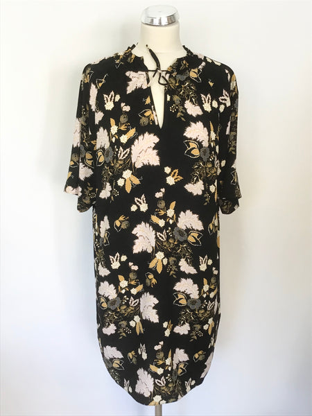 WHISTLES BLACK,WHITE & MUSTARD FLORAL PRINT SHORT SLEEVE SHIFT DRESS SIZE M