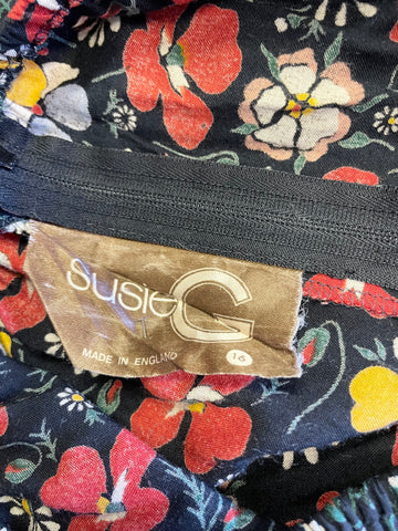 VINTAGE SUZIE G BLACK & MULTI COLOURED FLORAL PRINT ON / OFF SHOULDER DRESS SIZE M