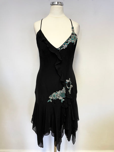 KAREN MILLEN BLACK SILK WITH EMERALD & DIAMANTE TRIM STRAPPY HANDKERCHIEF HEM DRESS SIZE 10