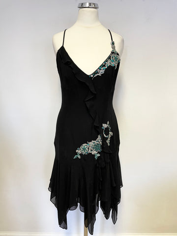 KAREN MILLEN BLACK SILK WITH EMERALD & DIAMANTE TRIM STRAPPY HANDKERCHIEF HEM DRESS SIZE 10