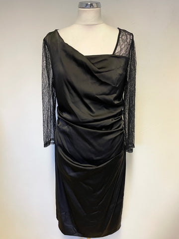 ADRIANNA PAPELL BLACK SATIN LACE BACK & SLEEVES PENCIL DRESS SIZE 14