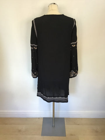 MONSOON BLACK EMBROIDERED & GOLD SEQUIN TRIM SHIFT DRESS SIZE 10